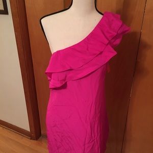 Pink silk chiffon one shoulder ruffle dress. NEW